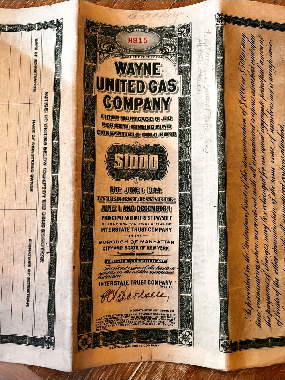 Wayne United Gas Company $1000 Bond Certificate - Green & Tan